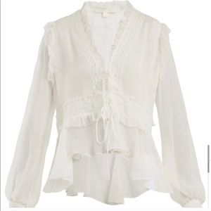 Jonathan Simkhai Tiered Ruffled Silk Lace Long Sleeve Blouse White Sz L
